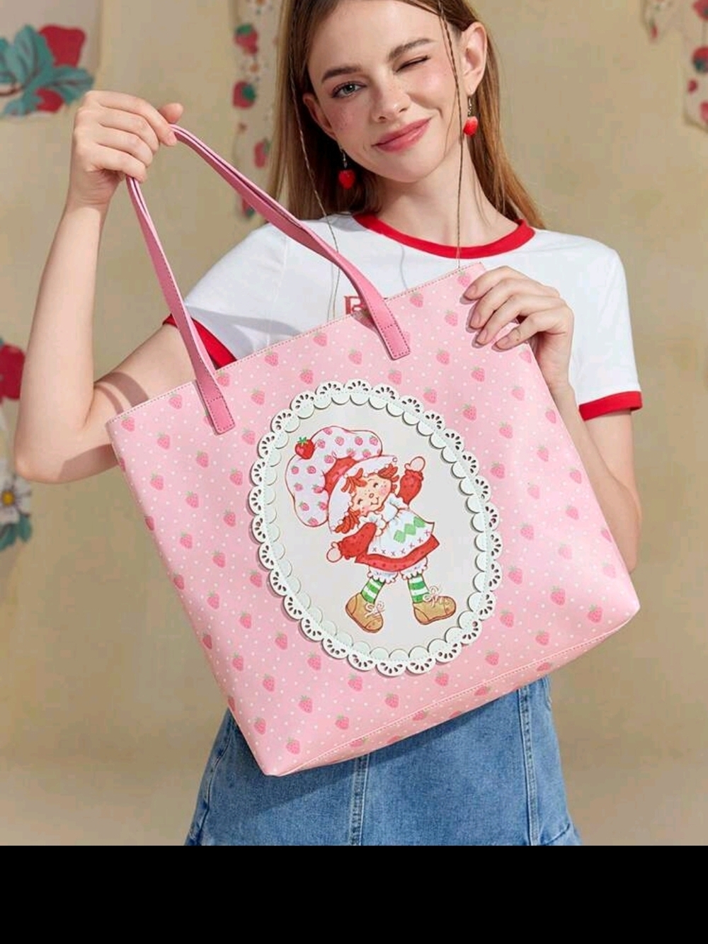 Pink Strawberry Shortcake Print Tote Bag